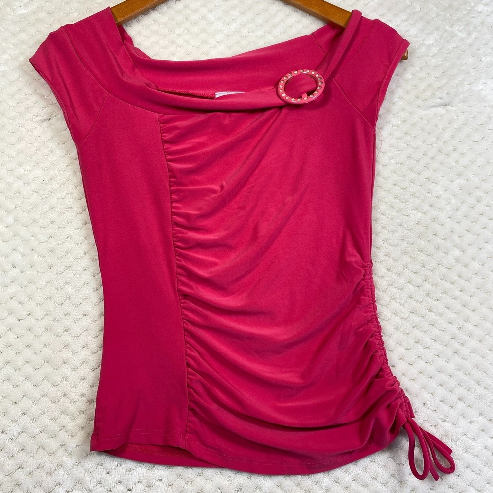 Ossira USA Women Pink Blouse Sleeveless Fitted Fuchsia Jeweled Ruched Top S 820T